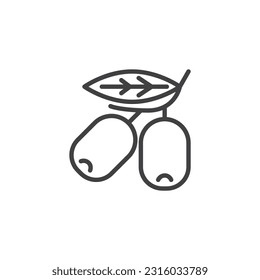 Olivenöl mit Blattzeilensymbol. lineares Stilzeichen für mobiles Konzept und Webdesign. Zwei Oliven umreißen Vektorsymbol. Symbol, Logo-Abbildung. Vektorgrafik