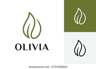 Olive Leaf Line Logo Icon Design. Abstract Monoline Oil Drop Concept Symbol for Cosmetic Brand, Organic Food, Spa Beauty, and Natural Identity Logo