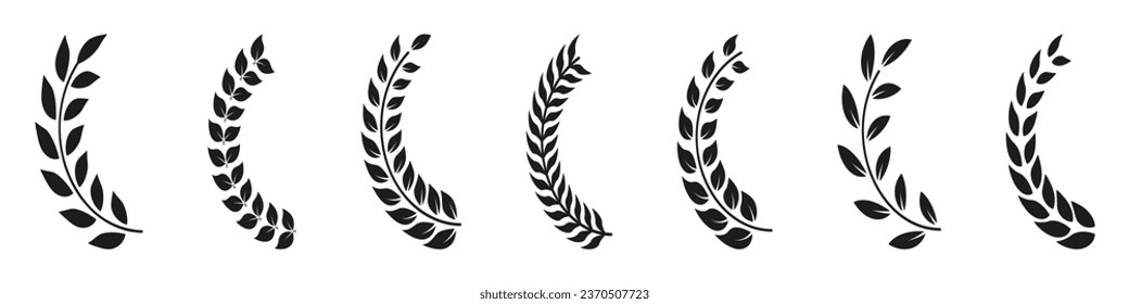 Olive Leaf Ornate, Floral Border, Vintage Tree Branch Color Icon Set. Natural Heraldic Decoration Collection. Laurel Wreath In Half Circle Shape. Isolated Vector Illustration.