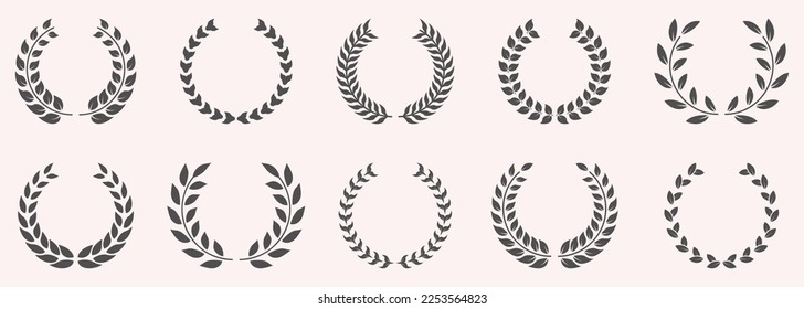 Olive Leaves Branch Award Silhouette Icon. Laurel Wreath, Success Round Ornament Pictogram, Victory Emblem Set. Champion Reward Chaplet Symbol. Accomplishment Triumph. Isolated Vector Illustration.