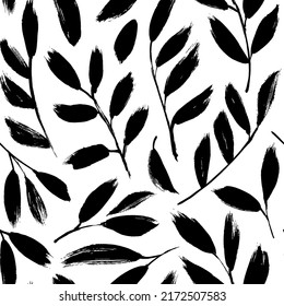 Olive leaves and branches silhouettes seamless pattern. Hand drawn brush painted branches with long black leaves. Ink plant drawings. Natural organic ornament with black stems. Botanical background 
