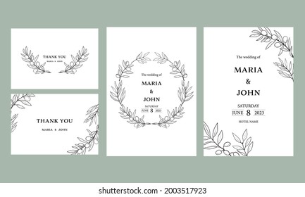 olive leaves card template for wedding, greeting. hand drawn botanical design card set.