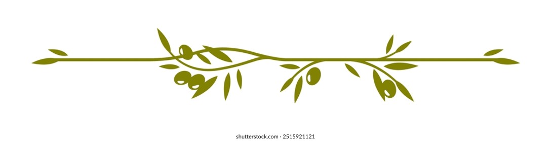 Olive leaves divider consists of a central branch with olive leaves and berries extending horizontally. Isolated vector elegant nature themed decorative element for menu in natural Mediterranean style