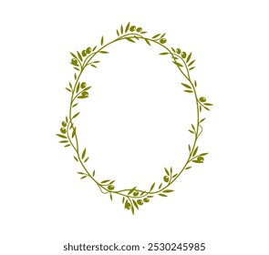 Olive leaves frame with vector border lines of green branches, vines and fruits. Olive tree wreath silhouette with ornate floral ornament. Vintage oval frame with green leaves and branches border