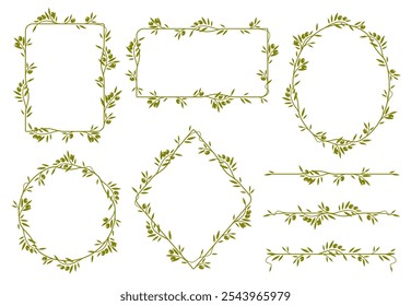 Olive leaves frames, dividers and borders. Elegant floral and nature-themed rectangular, oval, diamond shapes for invitations, photoframes, decorative elements for menu in natural Mediterranean style