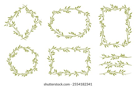 Olive leaves frames, dividers and borders. Elegant floral and nature-themed rectangular, oval, diamond shapes for invitations, photo frames, decorative elements for menu in natural Mediterranean style