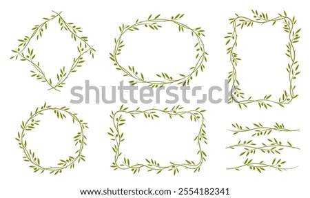 Olive leaves frames, dividers and borders. Elegant floral and nature-themed rectangular, oval, diamond shapes for invitations, photo frames, decorative elements for menu in natural Mediterranean style