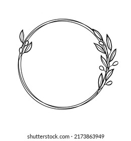 Olive leaves hand drawn circle wreath for card or wedding invitation. Black and white vector art 