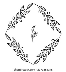 Olive leaves hand drawn square wreath for card or wedding invitation