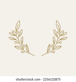 Olive leaves hand drawn wreath for card or wedding invitation. Logo frame, leaves and olive, simple black and white style