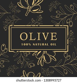 Olive with leaves on dark background. Seamless pattern. Vector illustration.