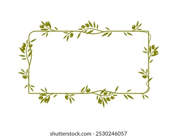 Olive leaves, tree branches and fruits frame. Vector green olives wreath with floral vines, mediterranean cuisine food, vegetable oil and natural cosmetics label. Branches and leaves square frame