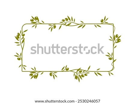 Olive leaves, tree branches and fruits frame. Vector green olives wreath with floral vines, mediterranean cuisine food, vegetable oil and natural cosmetics label. Branches and leaves square frame