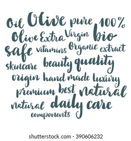 Olive lettering set. Hand written catchwords for food and cosmetics design projects.