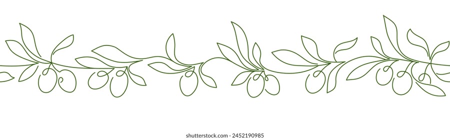 Olive line endless border. Mediterranean farm harvest. Minimal linear pattern for oil design, food background. Vector abstract kalamata natural eat