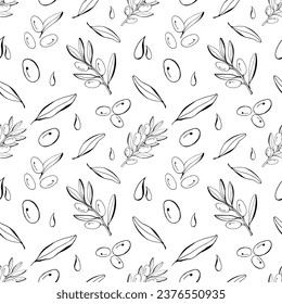 Olive line seemless pattern. Vector branch, sketch fruits, foliage and flower. Graphic monochrome collection. Organic food, oil. For label, 