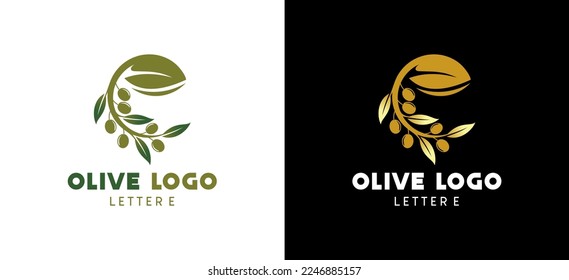 Olive logo design with letter e concept, natural green olive vector illustration
