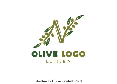 Olive logo design with letter n concept, natural green olive vector illustration