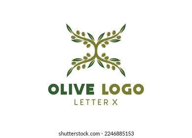 Olive logo design with letter x concept, natural green olive vector illustration