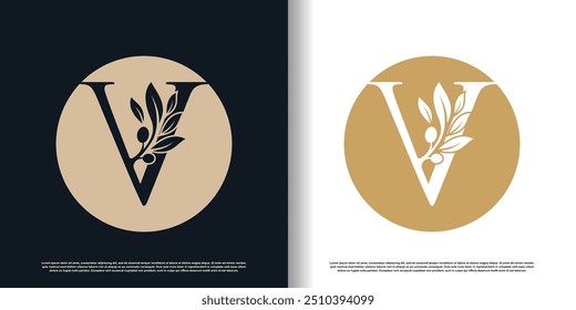 Vector de diseño de logotipo de oliva con letra v y concepto moderno para el Vector de Premium de negocios