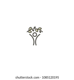 Olive logo. Green olive branch with outline human emblem. Natural oil symbol, Eco healthy food symbol. Vector isolated illustration.