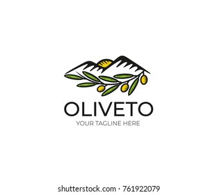 Olive Logo Template. Olive Grove Vector Design. Nature, Leaf,  Mountains Illustration 