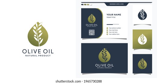Olive logo with water drop style and modern concept. Essential oil beauty logo and business card design Premium Vector