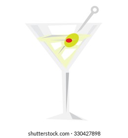 An olive martini cocktail with bubbles on white background.