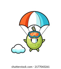 olive mascot cartoon is skydiving with happy gesture , cute style design for t shirt, sticker, logo element