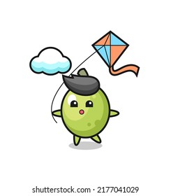 olive mascot illustration is playing kite , cute style design for t shirt, sticker, logo element