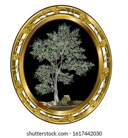 Olive, maslin (Olea europaea L.), a tree on rocky soil in a golden rounded frame with vines of grapes, a colored image on a white background
