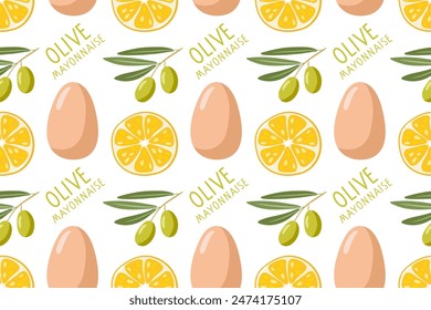 Envase de mayonesa de oliva. Patrón sin costuras con ingredientes para hacer salsa de mayonesa. Receta de mayonesa. Plantilla de Vector de garabato dibujado a mano para menú, Fondo de pantalla, envoltura, textil, scrapbooking