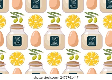 Envase de mayonesa de oliva. Patrón sin costuras con ingredientes. Tarro de mayonesa, huevo, rodaja de limón, primavera de oliva. Vector dibujado a mano Plantilla de alimentos para el menú, Fondo de pantalla, envoltura, textil, scrapbooking