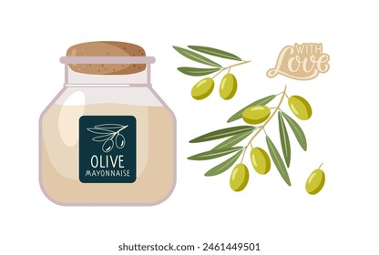 Olive Mayonnaise Sauce. Hand drawn package design. Jar of sauce. Homemade packaging design elements, olive branches and label. Flat vector Food template for menu, recipe, shop, cooking classes