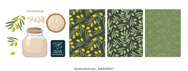 Olive Mayonnaise Sauce packaging. Seamless patterns, label, olive branches, sauce. Hand drawn package design. Flat vector Food template for Menu background, banners. Three vertical background.