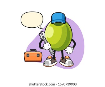 Olive mechanic with speech bubble cartoon. Mascot Character vector.