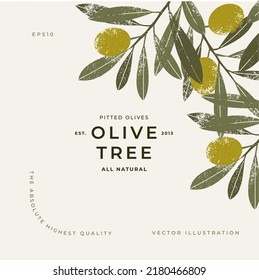 Olive minimalist design template. Olive leaves and branches. Vector illustration.
