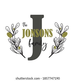 Olive monogram family laurel. Hand drawn for your design