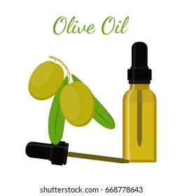 Olive natural oil. Essential oil, cosmetics, spa, aromatherapy. Liquid in a bottle. Made in cartoon flat style