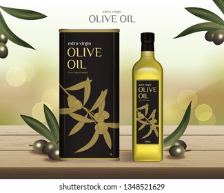 olive oil ad, exquisite olive oil product on wooden table, with olive fruit elements, bokeh glitter grass garden background, 3d illustration