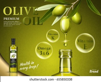 olive oil ad with some of its nutrients and olive fruit elements, 3d illustration