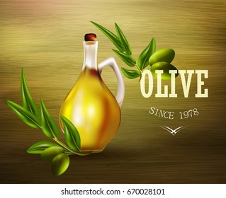 Olive oil ad template. 3d vector glass bottle with olive fruit.