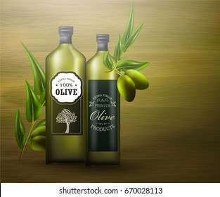 Olive oil ad template. 3d vector glass bottle with olive fruit.