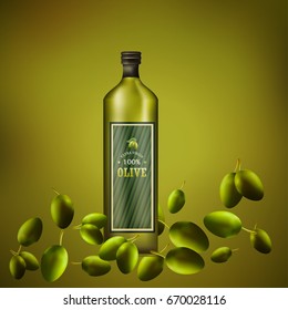 Olive oil ad template. 3d vector glass bottle with olive fruit.
