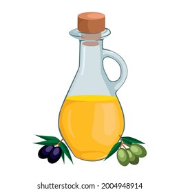 Olive oil advertisement in glass jug with olive branch. 3D Vector illustration.
