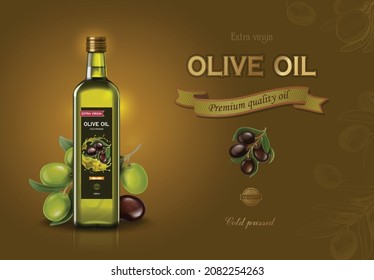 Olive oil advertising. Bottle of oil with olive branch 3d illustration vector.