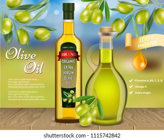 Olive oil advertising template. Vector realistic olive oil glass bottle and jug with olive branches and copy space.