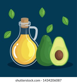 olive oil with avocado fruit and leaves