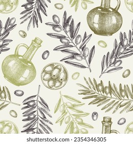 Fondo de aceite de oliva. Ilustración vectorial dibujada a mano. Ramas de olivos, botellas de vidrio, bocetos de aceitunas maduras. Patrón de comida italiana sin soldadura.