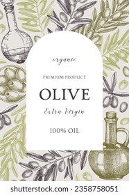 Olive oil background. Hand-drawn vector illustration. Olive tree branches, glass bottle, olives sketches. Italian food frame in vintage style. Vegetable oil design template
